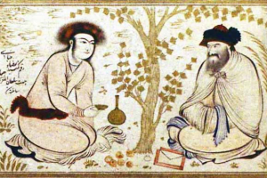 Reproducción de hombres persas conversando bajo un árbol.